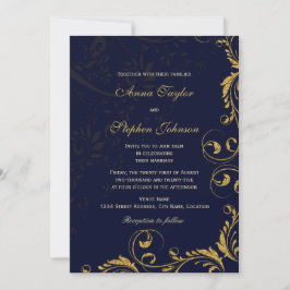 Elegante Imitate Gold Glitzer Floral Wirbel Navy B Einladung