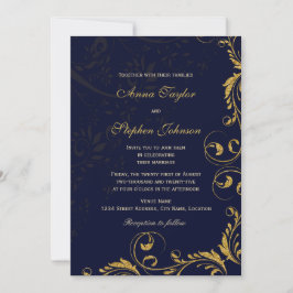 Elegante Imitate Gold Glitzer Floral Wirbel Navy B Einladung