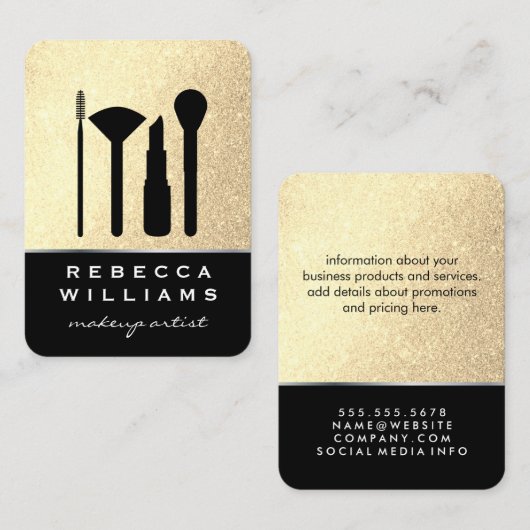 Elegante Imitate Gold Glitzer Makeup Set / Schwarz Visitenkarte (Vorne/Hinten)