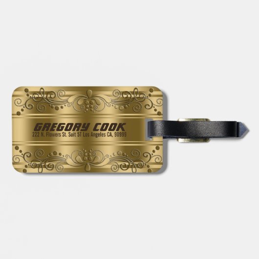 Elegante Imitate Gold Streifen & Gold Blumenstrauß Gepäckanhänger (Rückseite horizontal)