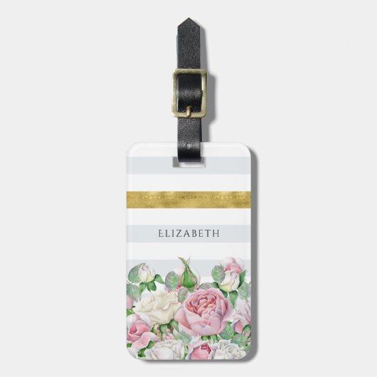 Elegante IMITATE Goldrand mit rosa Rosen und Namen Gepäckanhänger (Vorderseite vertikal)