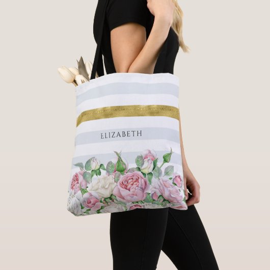 Elegante IMITATE Goldrand mit rosa Rosen und Namen Tasche (Von Nahem)