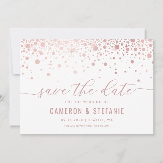 Elegante Imitate Rosa Foil Confetti Modernes Weiß Save The Date (Vorderseite)