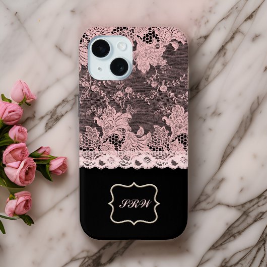 Elegante Imitate Rosa Spitzen und Schwarz Case-Mate iPhone Hülle