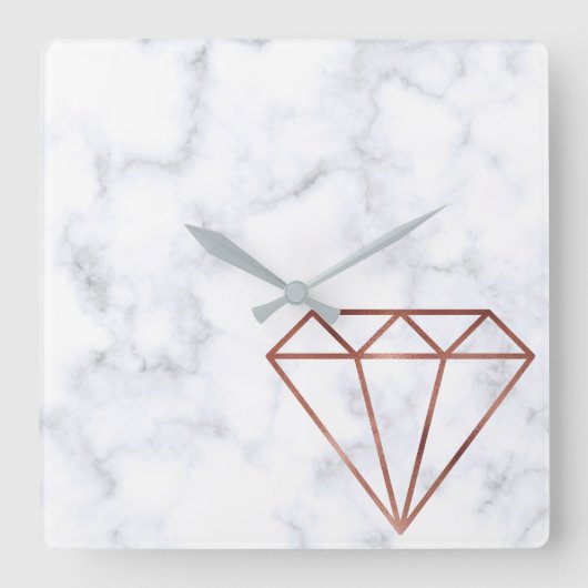 elegante Imitate Rose Gold Diamant weißer Marmor Quadratische Wanduhr (Vorderseite)