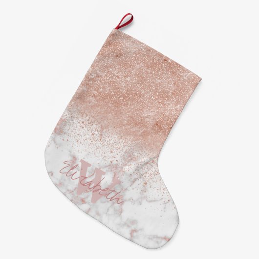 Elegante Imitate Rose Gold Konfetti, weißes Marmor Großer Weihnachtsstrumpf (Vorderansicht (hängend))