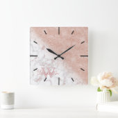 Elegante Imitate Rose Gold Konfetti, weißes Marmor Quadratische Wanduhr (Zuhause)