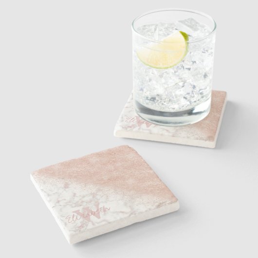 Elegante Imitate Rose Gold Konfetti, weißes Marmor Steinuntersetzer (Seitenansicht)