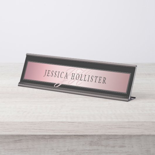 Elegante Imitate Rose Gold | Name & Initialen Schreibtischnamensplakette (Vorderseite )
