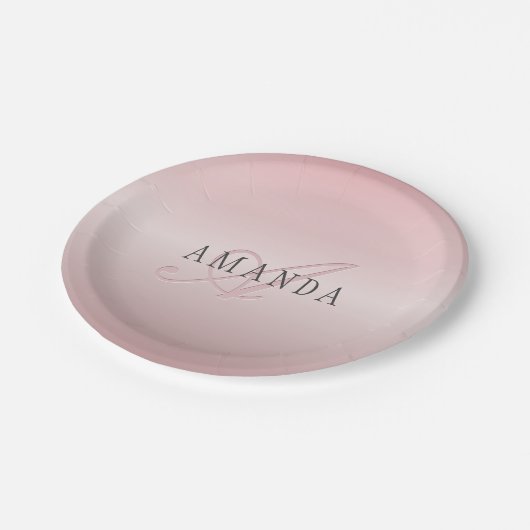 Elegante Imitate Rose Gold | Name und Monogramm Pappteller (Schrägansicht)
