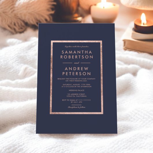 Elegante Imitate Rose Goldrahmen blauen Hochzeit Einladung