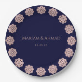 Elegante Imitate Rose & Navy Zierblumenhochzeit Pappteller (Vorderseite)