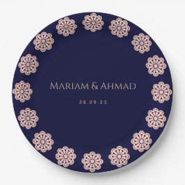 Elegante Imitate Rose & Navy Zierblumenhochzeit Pappteller