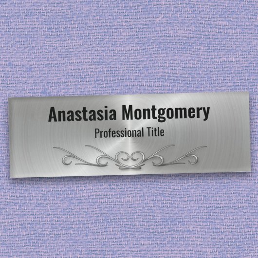 Elegante Imitate Silver Metallic Scroll Schwarzer Namenschild