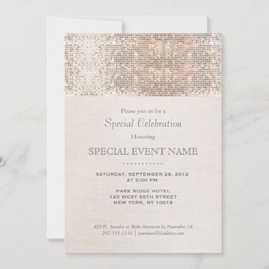 Elegante Imitate Silver Sequins Beige Linen Look Einladung (Vorderseite)