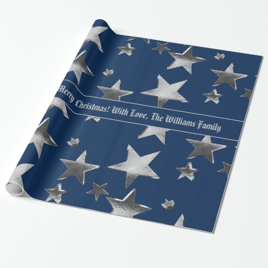 Elegante Imitate Silver Stars Muster Blau Weihnach Geschenkpapier (Ungerollt)