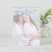 Elegante Imitate Vellum Foto Beach Hochzeit Save The Date (Stehend Vorderseite)