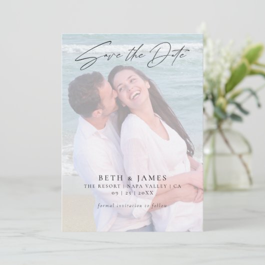 Elegante Imitate Vellum Foto Beach Hochzeit Save The Date (Stehend Vorderseite)