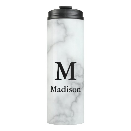 Elegante Imitate Weißer Marmor mit Name & Monogram Thermosbecher (Vorderseite)