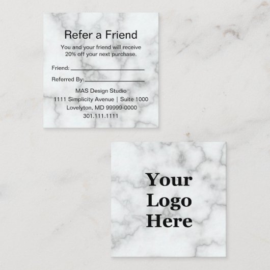 Elegante Imitate Weißes Marmor hier Ihr Logo Empfehlungskarte (Vorne/Hinten)