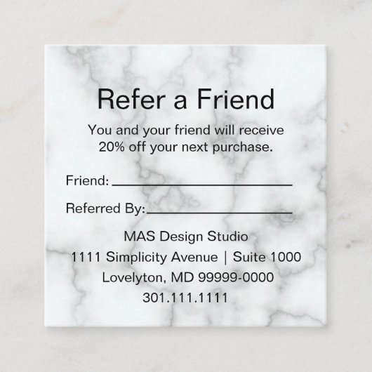 Elegante Imitate Weißes Marmor hier Ihr Logo Empfehlungskarte (Vorderseite)
