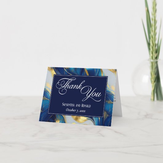 Elegante Imitats Gold, Blue & White Wedding Vielen Dankeskarte (Vorderseite)