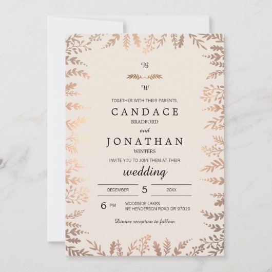 Elegante Imitats Gold Foliage Hochzeit Einladung (Vorderseite)