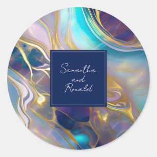 Elegante Imitats Gold und Blue Opal Stone wirbeln Runder Aufkleber
