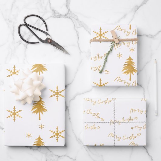Elegante Imitats Gold Weihnachtsbaum Muster Gesche Geschenkpapier Set (Vorderseite)