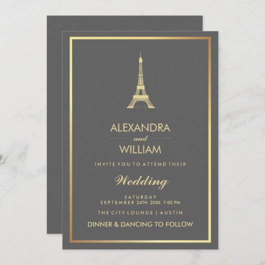 Elegante Imitats Goldener Eiffelturm auf der graue Einladung (Vorne/Hinten)