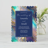 Elegante Imitats Hochzeit Gold und Blue Opal Stone Einladung (Stehend Vorderseite)