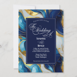 Elegante Imitats Hochzeit in Gold, Blau und Weiß Einladung