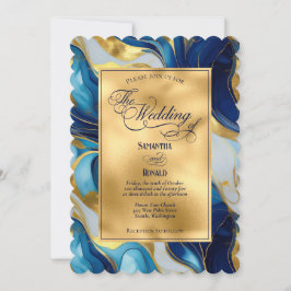 Elegante Imitats Hochzeit in Gold, Blau und Weiß Einladung