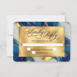 Elegante Imitats Hochzeit in Gold, Blau und Weiß RSVP Karte