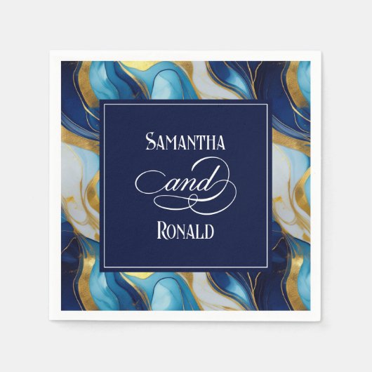 Elegante Imitats Hochzeit in Gold, Blau und Weiß Serviette (Vorderseite)