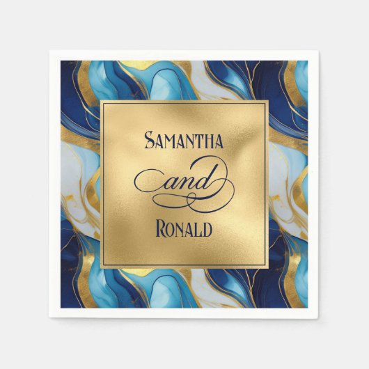 Elegante Imitats Hochzeit in Gold, Blau und Weiß Serviette (Vorderseite)