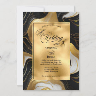 Elegante Imitats Hochzeit in Gold, Schwarz und Wei Einladung
