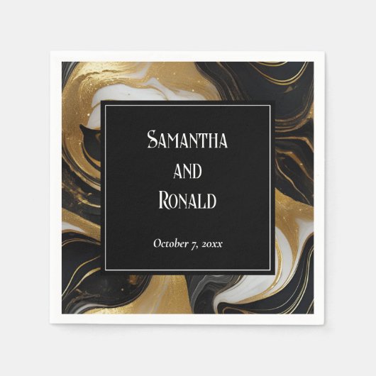 Elegante Imitats Hochzeit in Gold, Schwarz und Wei Serviette (Vorderseite)