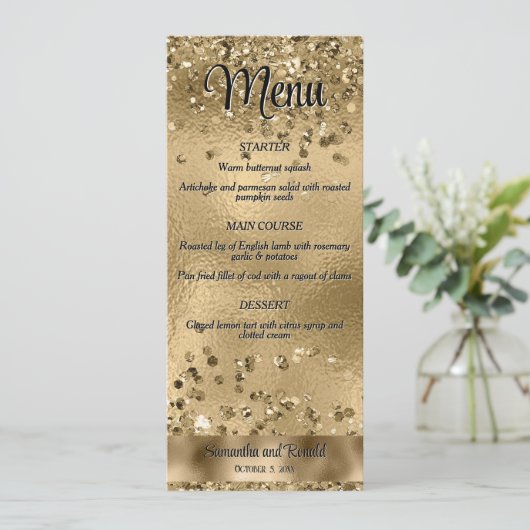 Elegante Imitats Hochzeitsmenü für Gold Glitzer un Einladung (Stehend Vorderseite)