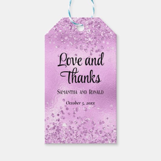 Elegante Imitats Lilac Glitzer and Foil Wedding Geschenkanhänger (Vorderseite)