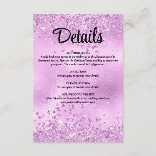 Elegante Imitats Lilac Glitzer & Foil Wedding Deta Begleitkarte (Vorderseite)