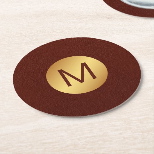 Elegante Imitats Red Leather & Gold Monogram Initi Runder Pappuntersetzer (Angewinkelt)