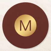 Elegante Imitats Red Leather & Gold Monogram Initi Runder Pappuntersetzer (Vorderseite)
