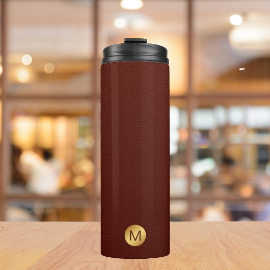 Elegante Imitats Red Leather & Gold Monogram Initi Thermosbecher