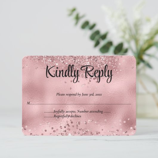 Elegante Imitats Rosa Glitzer & Foil Wedding RSVP (Stehend Vorderseite)