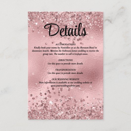 Elegante Imitats Rosa Glitzer und Foil Wedding Det Begleitkarte (Vorderseite)