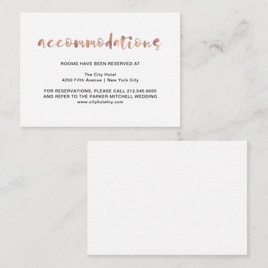 Elegante Imitats Rose Gold | Unterkünfte Begleitkarte (Vorne/Hinten)