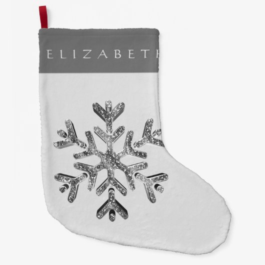 Elegante Imitats Silver Gray Snowflake mit Name Großer Weihnachtsstrumpf (Vorderseite)