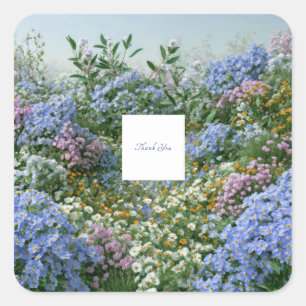Elegante Immergrün-Blau Orange Wiesenblumenwiese Quadratischer Aufkleber
