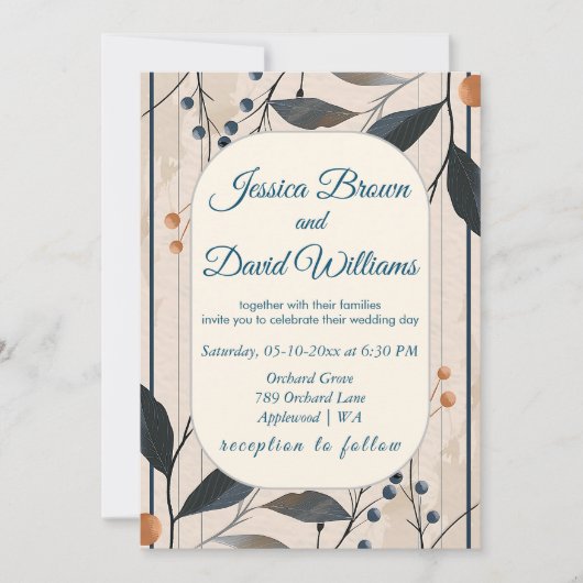 Elegante in Blue & Gold Moderne Hochzeitsfeier Einladung (Vorderseite)